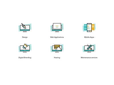 Custom icons for a project. android app application branding design digitalbranding hosting icons iconset ideas ios maintenance mint mobileapps service simple vector web website yellow