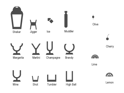 Bar Icons flat iconography icons liquor mixed drinks shots