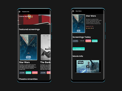 Cinema App app appdesign cinema concept dark darkapp darkmode darkui design info screendesign theatres ui uidesign ux wip