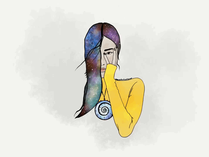 Spacetime girl animagraph cinemagraph alive illustration clock aspiral time space eternity asian spacetime
