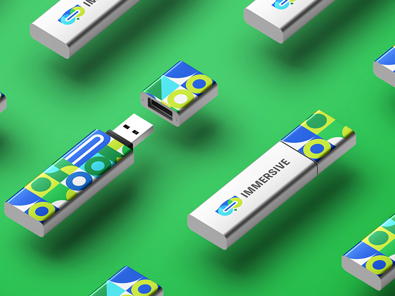 Immersive Brand Assets - USB Flash Drive brand assets stationery mark icon symbol usb flash drive portal visual plogged immersive playful people line logo brilliant colourful beautiful bright gradient story edutechnology virtual reality learn creative smart clever school class children typography i vr owl animal bird cute wise headset branding technology open book