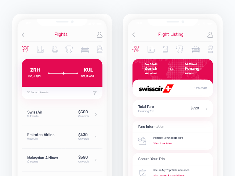 Closeup of Travel + Booking App concept clean ui flight concept flight app ticket concept ticket app