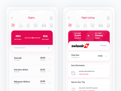 Closeup of Travel + Booking App clean ui concept flight app flight concept ticket app ticket concept