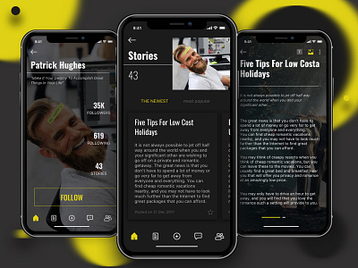 Blog app • dark theme • app blog app dark theme design iphone x layout mockup simple ui ux