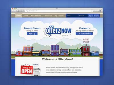 OfferzNow city coupon illustration layout town website