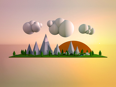 Setting Experiment 3d floating island low poly modo mountains stuck sunset