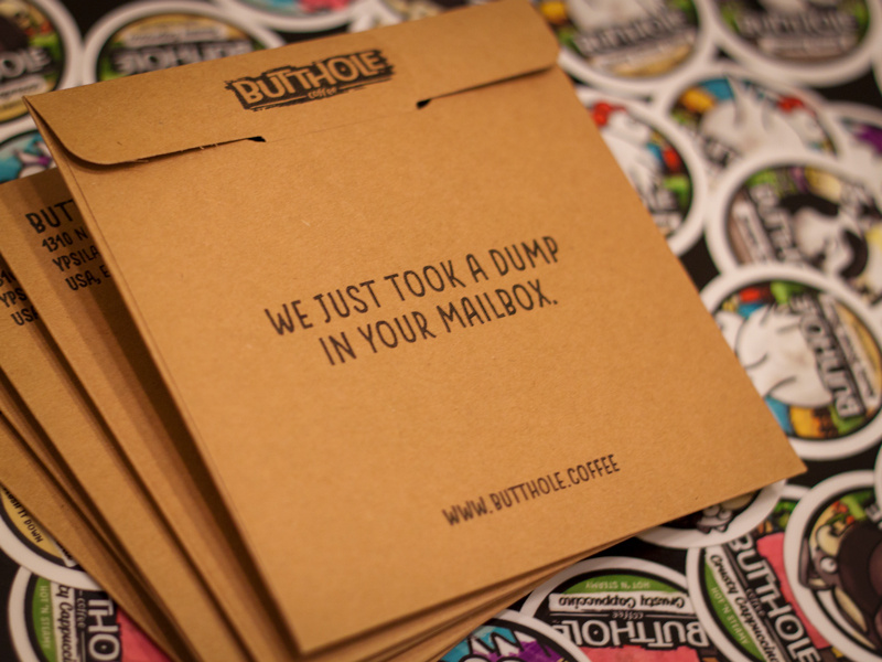 Butthole Coffee Packaging butt poop dump packaging envelope stickermule stickers coffee butthole