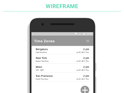 World Zone Wireframe app design minimal mobile time zones