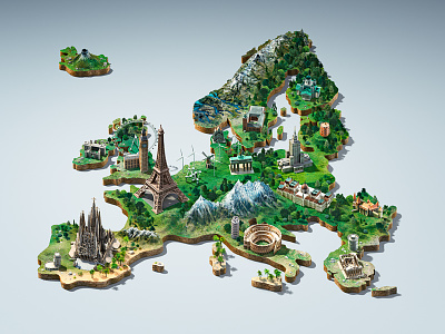 Europe - 3D Key visual 3d cgi colorful countries design europe landmarks stylized map world
