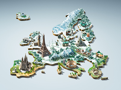 Europe - 3D Key visual winter edition 3d cgi colorful countries design europe landmarks snow stylized map winter world