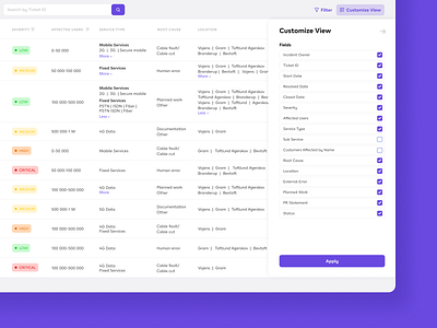 Customise View for Events Log app dashboard data interface table ui ux web