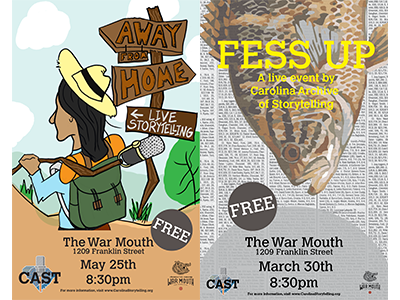 CAST Event Posters 1 & 2 fish hitchhiker microphone poster war mouth