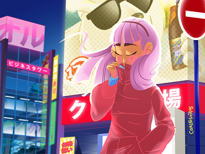 Japanise town advertising builds draw girl japan kanji photoshop store tokio