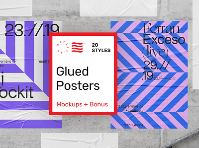Glued Poster Mockups bundle design download glued illustration mockups poster print psd template wall