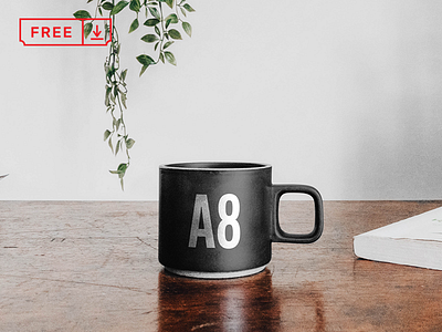 Mug on Table Mockup brand branding bundle design download font free freebie icon identity logotype mockup mug psd table template typography