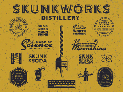 Skunkworks Distillery Brand Identity badge badge design brand identity design branding branding design design distillery illustration logo logo design moonshine rocket science skunkworks typography