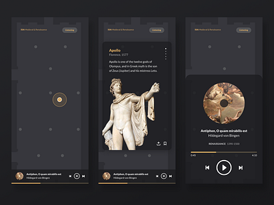 Museum experience guide app app black clean dark design gold guide interface ios minimal mobile museum music player player card ui ux
