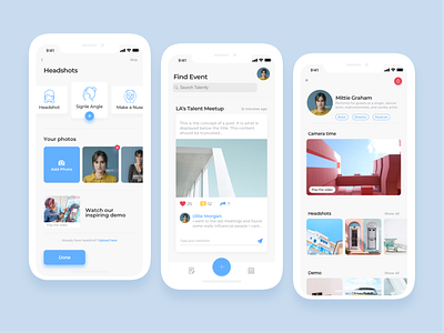Self-promotion App for Artists app appdesign article blog blue bright clean dashboard event app flat headshot ios minimal profile profile cover simple ui upload ux white