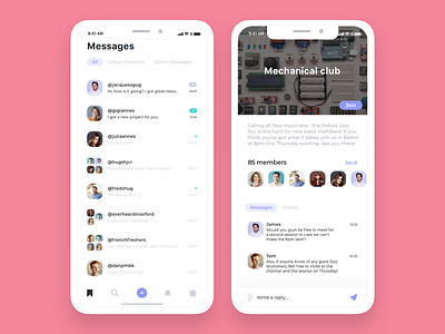 Social Network add app appdesign chat clean dashboard design direct message event flat ios join message message app minimal simple student app ui ux white