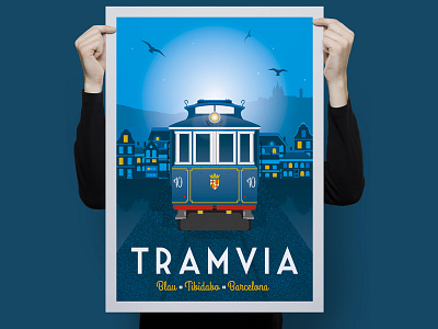 Barcelona Tramvia Blau Retro Travel Poster Illustration art barcelona cityscape design illustration poster spain vector vintage