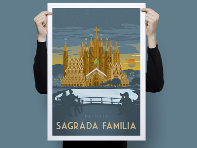 Barcelona - Sagrada Familia Retro Travel Poster Illustration art barcelona cityscape design illustration poster spain vector vintage