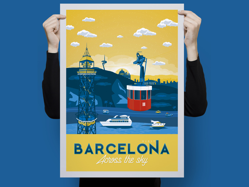 Barcelona Teleferico Del Puerto Retro Travel Poster Illustration art barcelona cityscape design illustration poster spain vector vintage