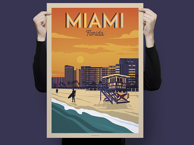 Miami Florida Retro Travel Poster Illustration art cityscape design florida illustration landscape miami poster sunset usa vector vintage