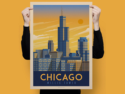 Chicago - Willis Tower Retro Travel Poster Illustration art chicago cityscape design illustration landmark landscape poster retro usa vector vintage