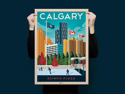 Calgary Olympic Plaza Canada Retro Travel Poster Illustration