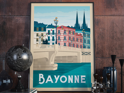 Bayonne France Retro Travel Poster Illustration art bayonne cityscape design digital france illustration landscape poster print vector vintage