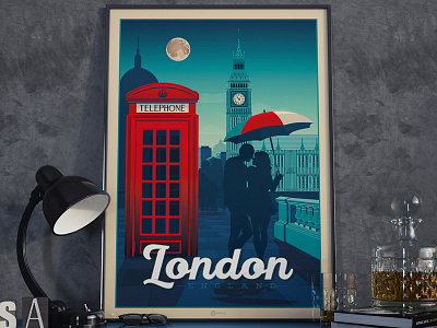 LONDON UK Retro Travel Poster Illustration art cityscape design digital england illustration landscape london poster print vector vintage