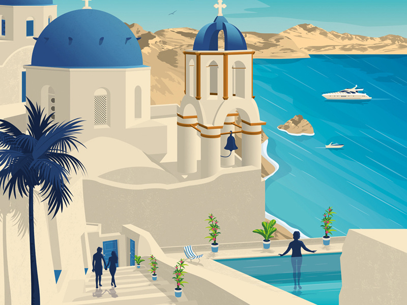 Santorini Island Greece Retro Travel Poster Illustration