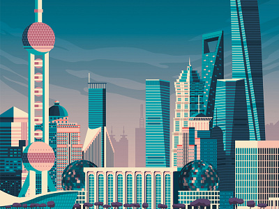 Shanghai China Retro Travel Poster City Illustration architecture art print asia illustration asian print cityscape color digital print home decor landscape shanghai china skyline vector vector design