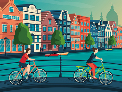 Amsterdam Netherlands Retro Travel Poster Illustration