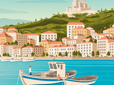 Marseille France Retro Travel Poster Illustration architecture art art print cityscape design digital france illustration interior design landmark landscape marseille poster print retro print skyline vector vector design vector illustration vintage