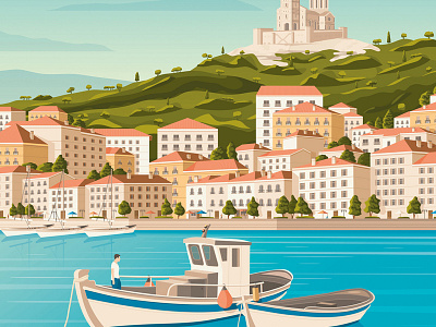 Marseille France Retro Travel Poster Illustration