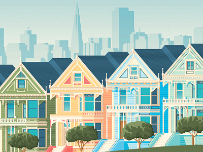 San Francisco Retro Travel Poster City Illustration architecture art print blue green red yellow pink building city map cityscape design flat design house tree illustration landmark landscape painted ladies landcape retro vintage san francisco california skyline travel poster urban vector design vector illustration