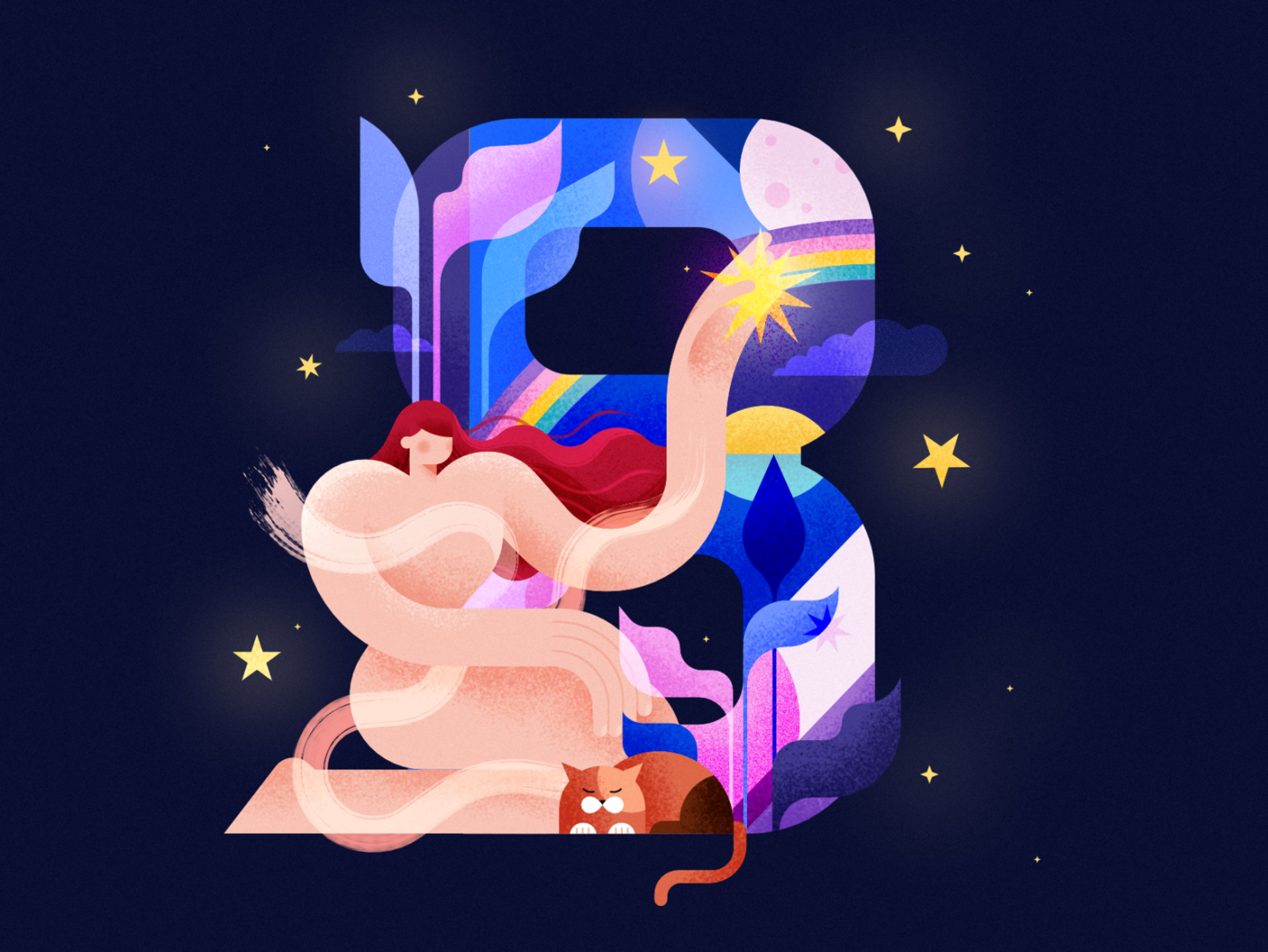Recovery sleep affinity designer cat character design flat girl graphic design illustration night nude recovery sleep star vector woman