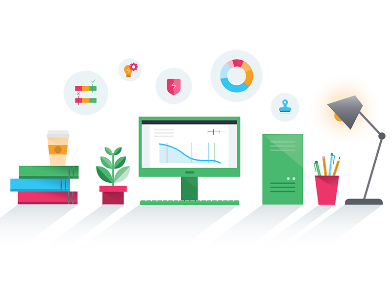 Desk Set Illustration company chart colorful illustration data screen monitor computer app user office desk