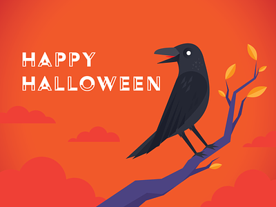 Happy Halloween, dribbble! all hallows eve bird colorful corvus corax crow design halloween illustration orange playful raven simple spooky vector
