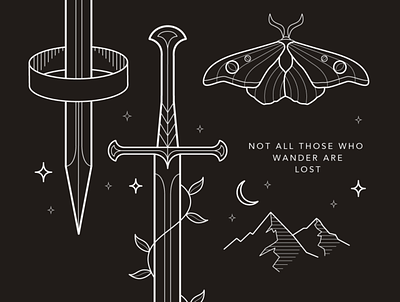 Middle Earth | Details aragorn gondor illustration jrr tolkien lineart lord of the rings lotr medieval middle earth moth mountains narsil stroke sword tolkien vector