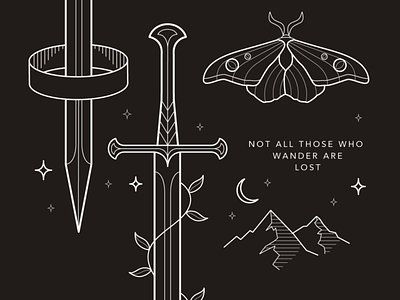 Middle Earth | Details aragorn gondor illustration jrr tolkien lineart lord of the rings lotr medieval middle earth moth mountains narsil stroke sword tolkien vector