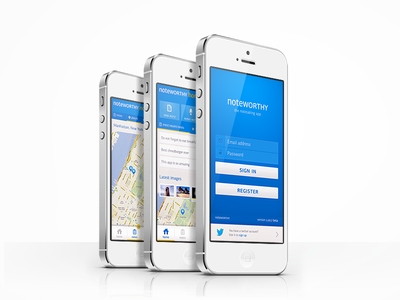 Noteworthy app concept app audio blue concept flat home interface intro ios iphone login map menu note noteworthy options perspective photos promo register sign in sign up simple twitter ui unity ux