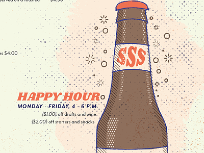 Happy Hour - Menu Closeup alcohol beer halftone happy hour menu retro sandwich secret society texture