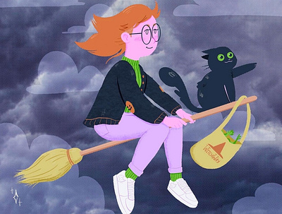 witchy errands black cat halloween illustration procreate witch