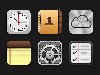 iOS Icons 1 apple black clock cloud contact contacts gear icloud icons ios ios6 ipad ipad mini iphone leather notes paper red reminders settings silver tick time