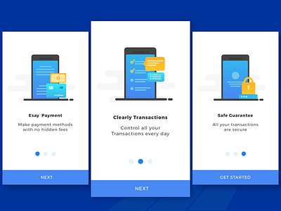 On Boarding "Transaction features" android clean illustrations intro ios mobile on boarding onboarding phone screens slider