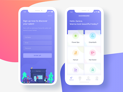 Barberose - Hairdressers apps apps creambath gradient haircut homepage illustration login salon spa style ui women