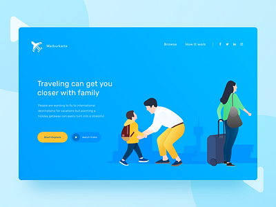 Traveling Landing Page clean design family flat flight header hero illustration people traveling ui web