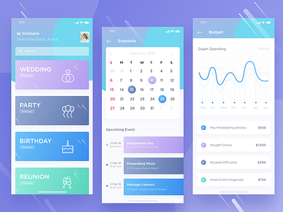 💑 Event Invitation Management Apps Design birthday calender engagement invitation marriage party purple reminder reuinion schedule spending wedding